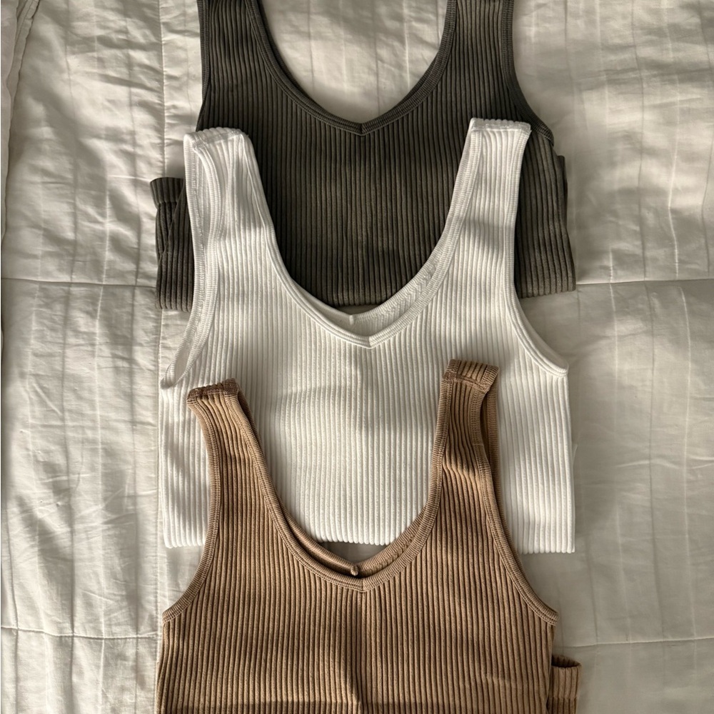 Ribbed Tank Top Set - Olive, White, Tan